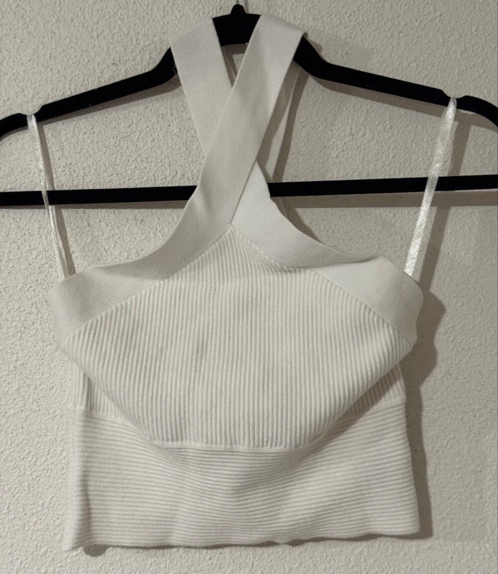Abercrombie & Fitch White Ribbed Cross Neck Halter Crop Top S Bachelorette Chic